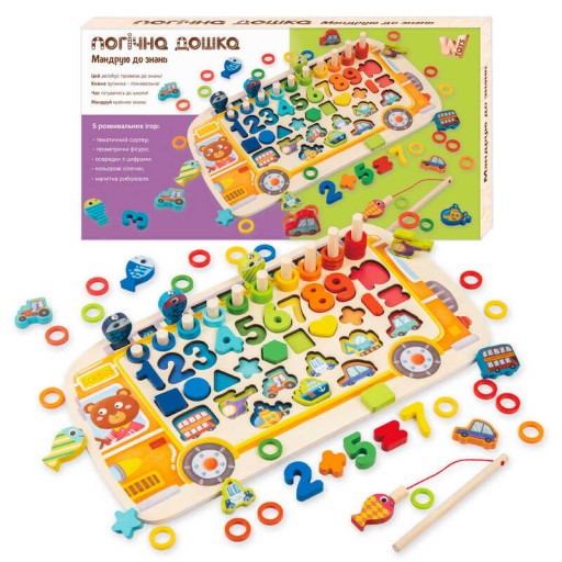 Дошка логічна "WToys", "Автобус", дерев'яна, сортер, магнітна риболовля, цифри, арифметичні знаки, геометричні фігури, транспорт, кілочки, кільця, в кор. /22/
