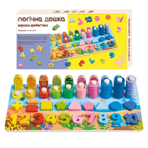 Дошка логічна "WToys", дерев'яна, сортер, магнітна риболовля, назви цифр англійською, дерев'яні кілочки, геометричні фігури, кольорові кільця, в кор. /40/