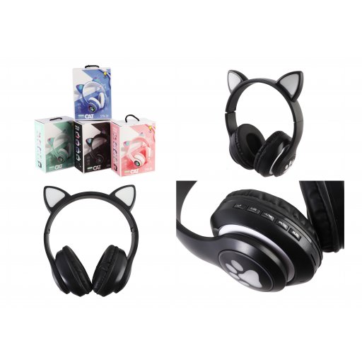 Навушники "Котячі вушка", 5 кольорів, підсвічування, бездротові Bluetooth, радіо, мікрофон, USB кабель, частота 2,4 GHz, в коробці, МІКС /80/