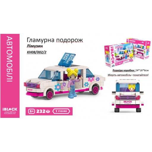 Конструктор Kids hits IBLOCK JUNIOR Дівчатка, Гламурна поїздка Лімузин, 232 дет,компл. фігур, інстр., наліпки,кор. 24*16*6 /36-2/