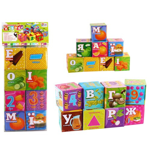 Кубики "4FUN Game Club", "Їжа", 6 штук, м'які, водонепроникна тканина, літери, цифри, арифметичні знаки, в п/е /36-2/