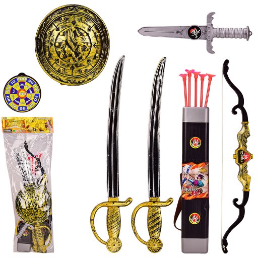 Іграшковий набір піратський, 2 меча, щит, ніж, лук, стріли, у п/е 25*65см /48-2/