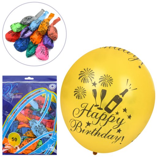 Кульки надувні 12 дюймів, принт Happy Birthday, мікс кольорів, набір 50шт, у пакеті, 22-29-2см /100/