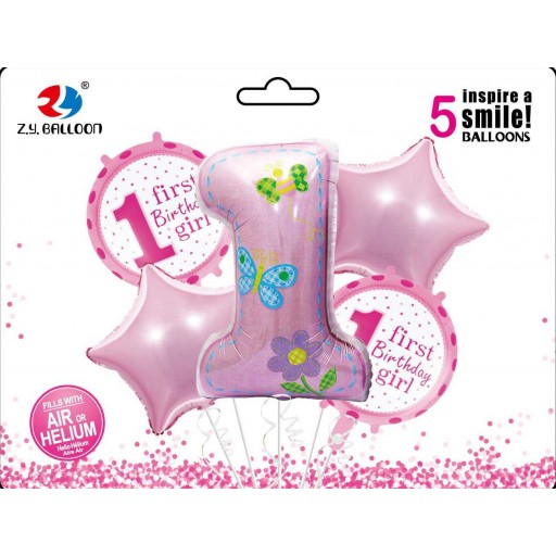 Набір фольгованих куль "First birthday-Girl" 5шт.=1шт*80см+4шт*45см (50*10)