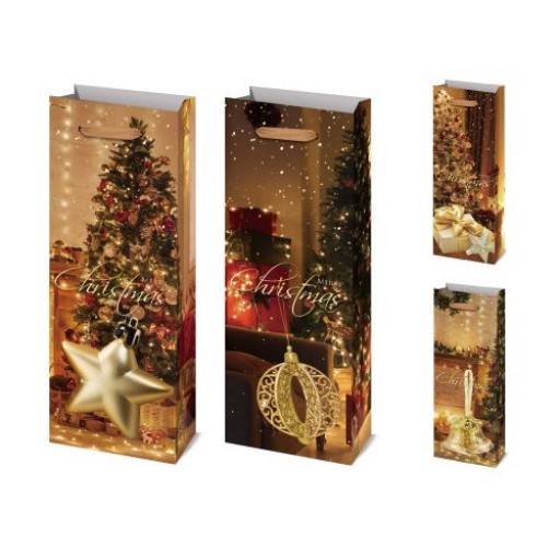 Пакет новорічний паперовий під пляшку "Merry Christmas" 12.8*8.4*36см R96598 /720/ 6 шт. в уп.