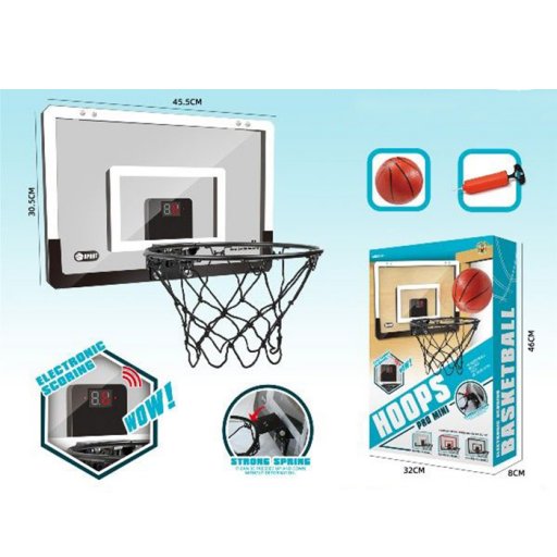 Баскетбольне кільце щит пластик 45,5-30,5см, кільце метал 25см, електр.табло-звук, сітка, м'яч, насос, на бат-ці, в кор-ці, 46-32-8см /6/