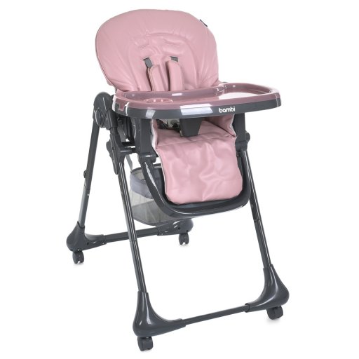 Стільчик M 3233L-G Pink (1шт) для годування, 3 положення спинки та підніжки, 4колеса, корзинка, екошкіра, рожевий