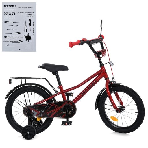 Велосипед дитячий PROF1 16д. MB 16011-1 (1шт) PRIME,SKD75,червоний,дзвін.,ліхтар,багажник,дод.кол